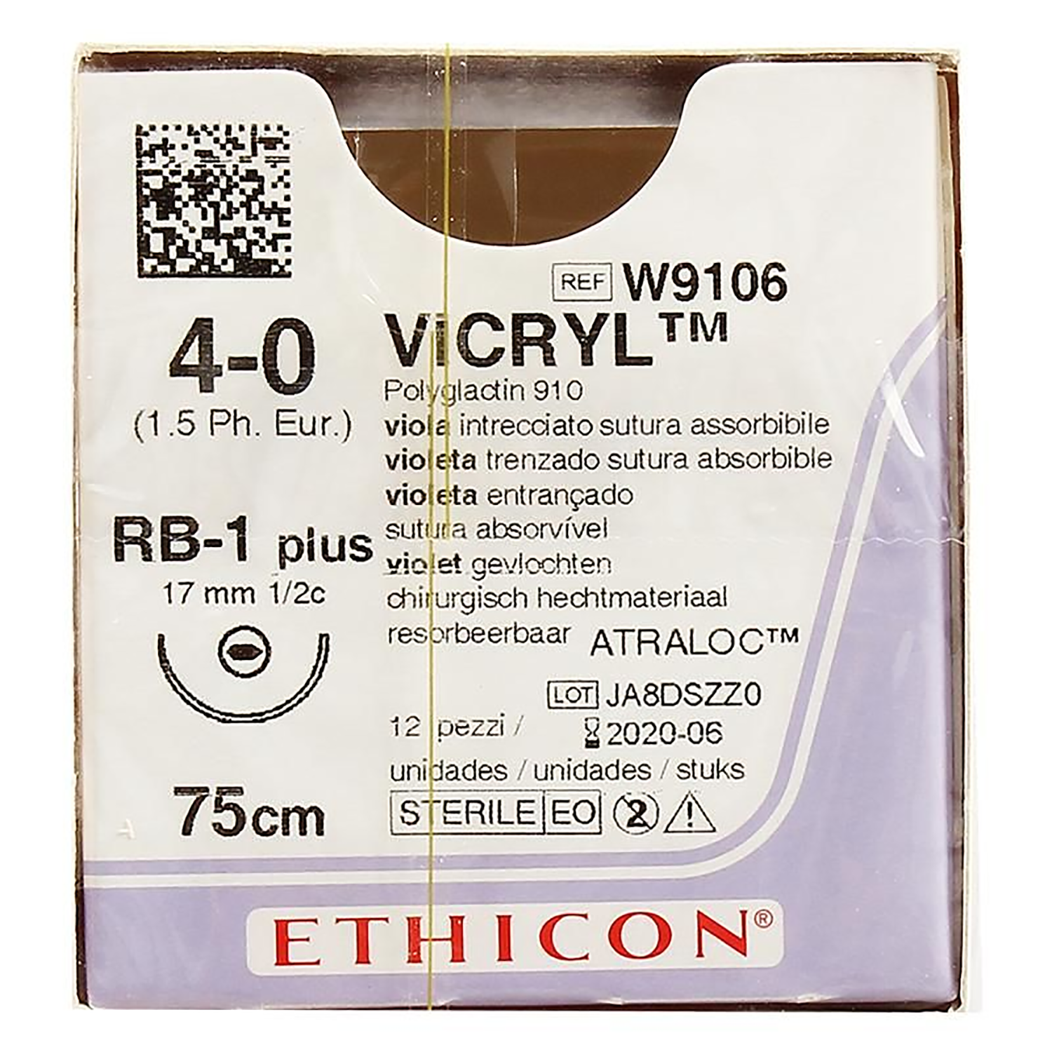 Ethicon Vicryl Suture | Violet | Size: 4-0 | Length: 75cm | Needle: RB-1 | Pack of 12