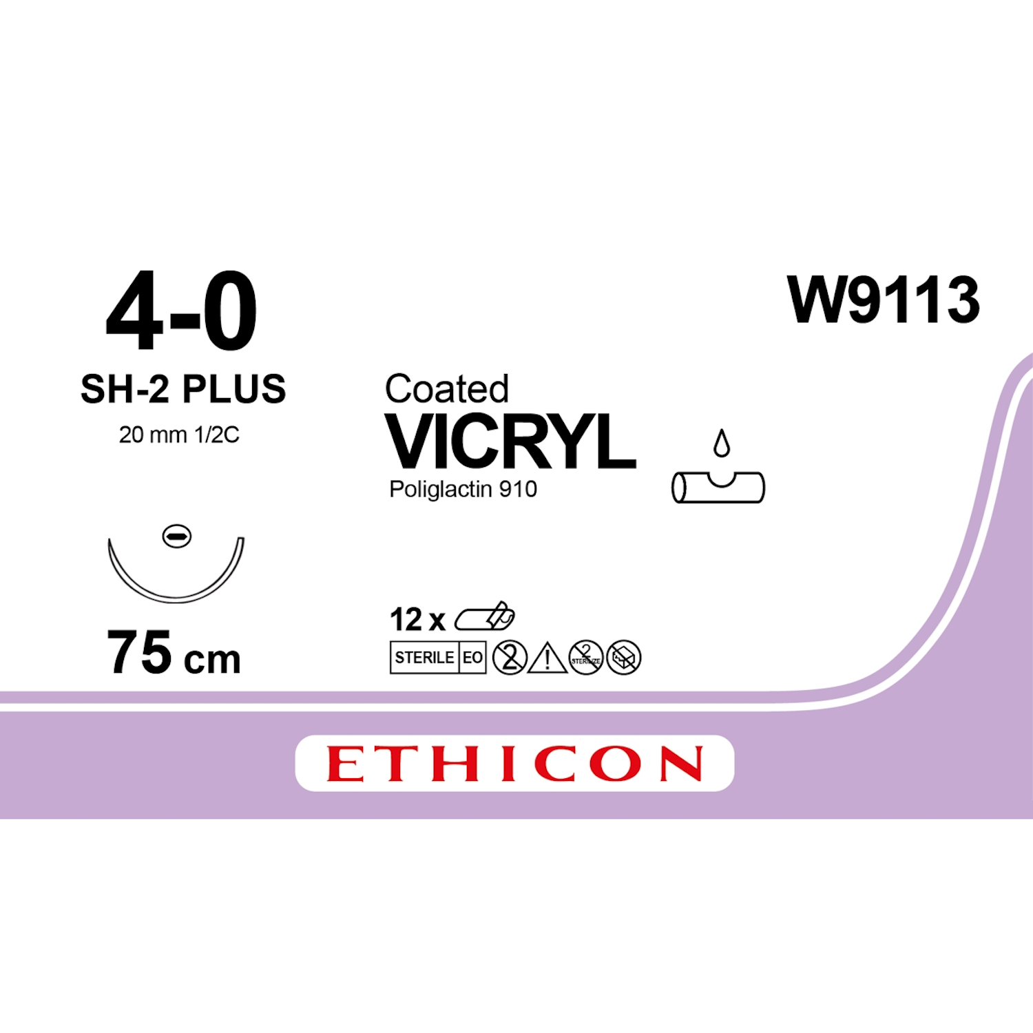 Ethicon Coated Vicryl Suture | Absorbable | Violet | Size: 4-0 | Length: 75cm | Needle: SH-2 | Pack of 12