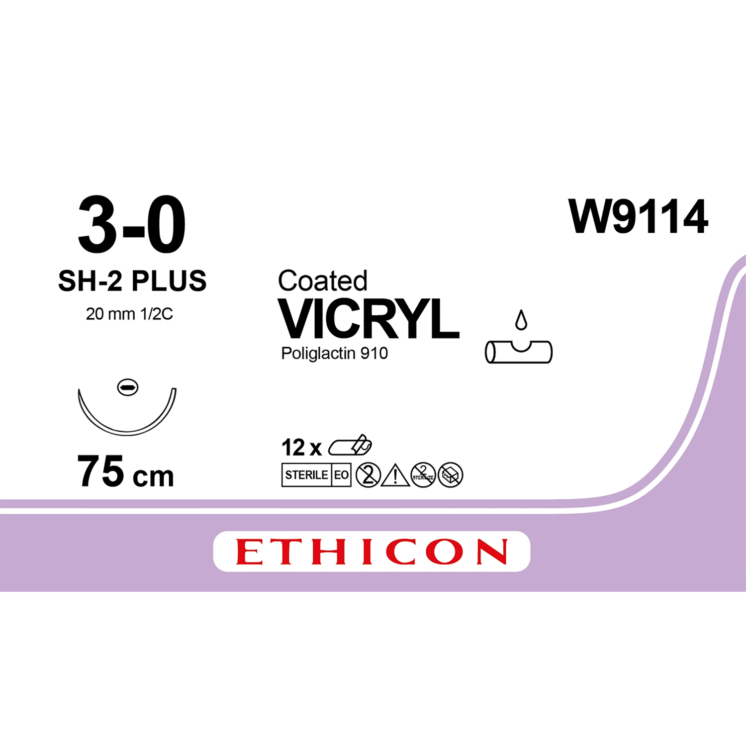 Ethicon Coated Vicryl Suture | Absorbable | Violet | Size: 3-0 | Length: 75cm | Needle: SH-2 | Pack of 12