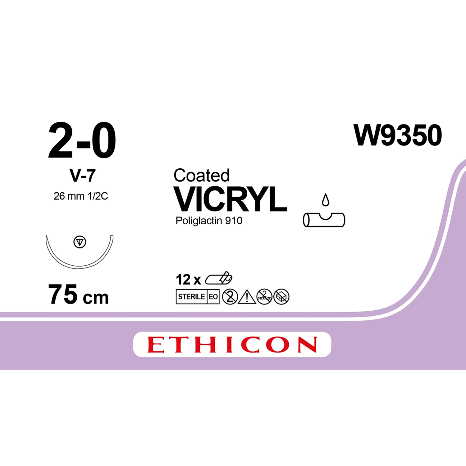 Ethicon Coated Vicryl Suture | Absorbable | Violet | Length: 75cm | Wire D: 2-0 | Needle: V-7 | Pack of 12