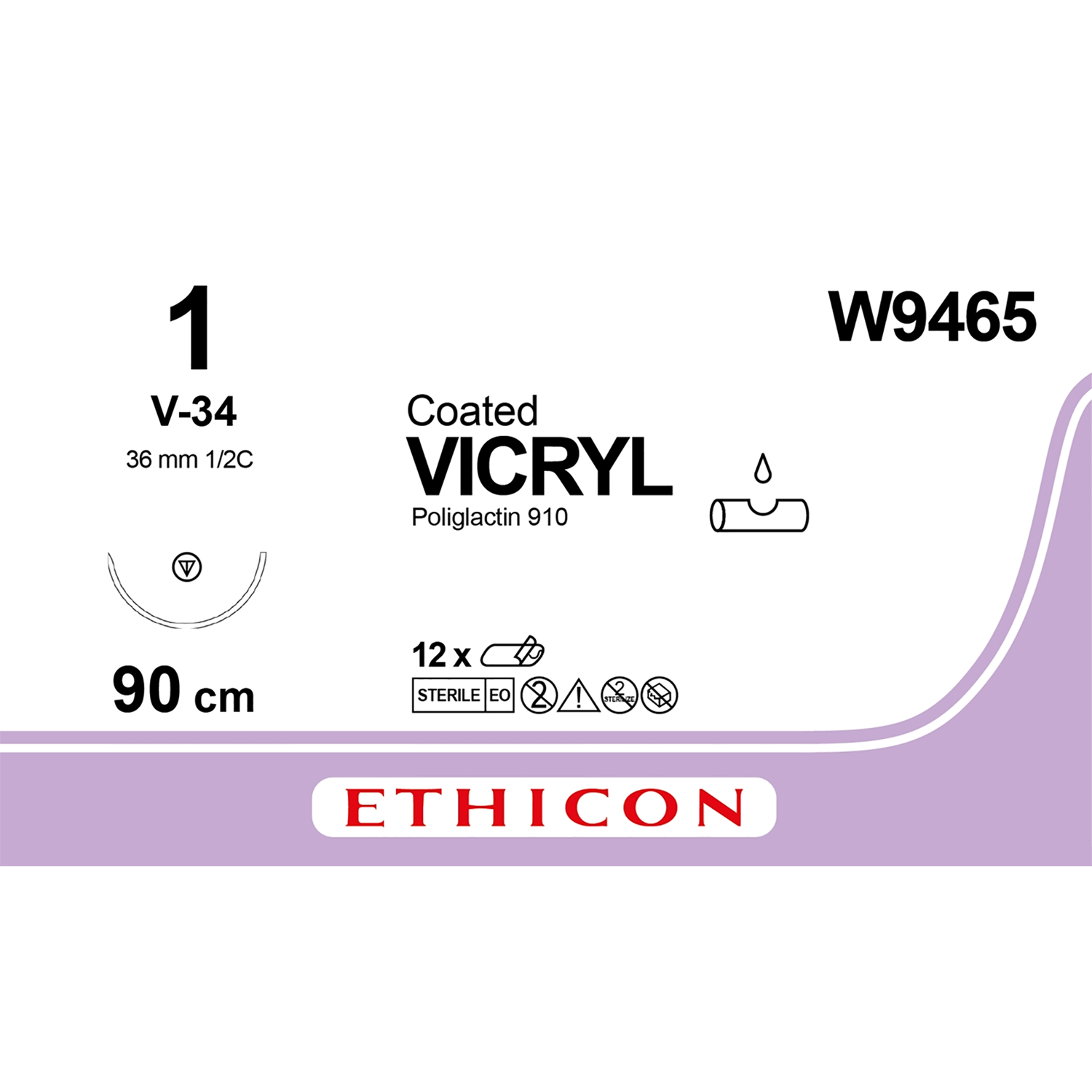Ethicon Coated Vicryl Suture | Absorbable | Violet | Length: 90cm | Needle: V-34 | Pack of 12