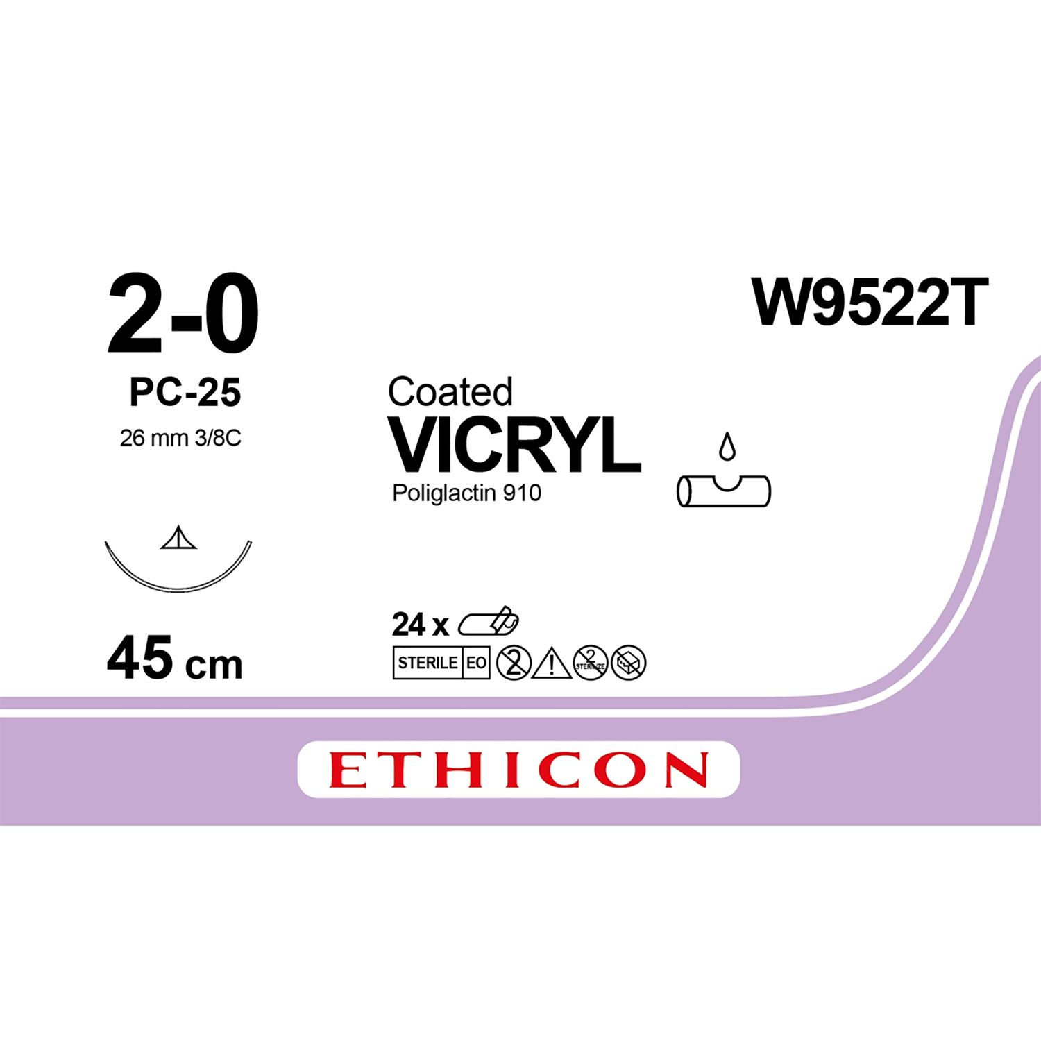 Ethicon Coated Vicryl Suture | Absorbable | Undyed | Size: 2-0 | Length: 45cm | Needle: PC-25 | Pack of 24