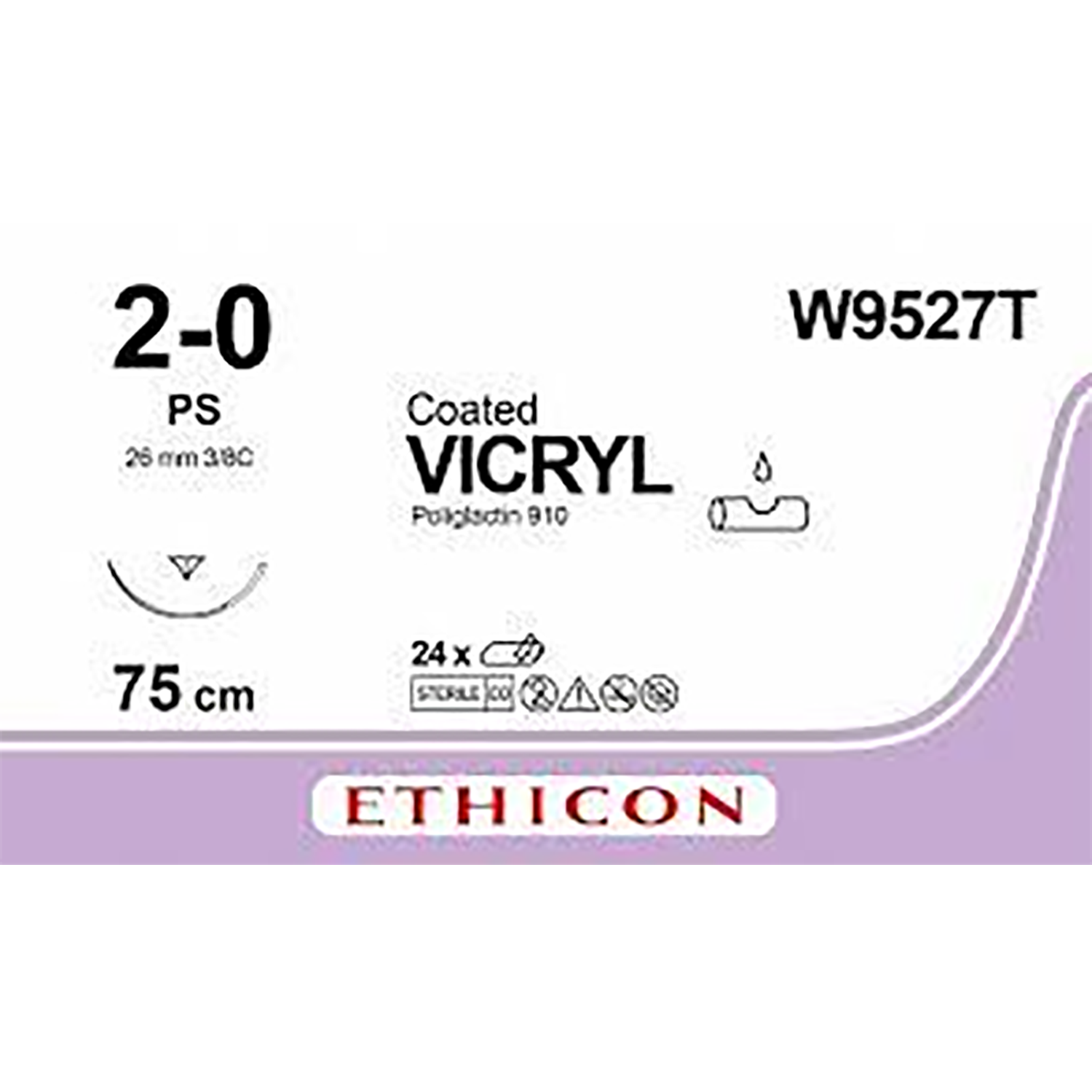 Ethicon Coated Vicryl Suture | Absorbable | Undyed | Suture Size: 2-0 | Length: 75cm | Needle: PS | Pack of 24