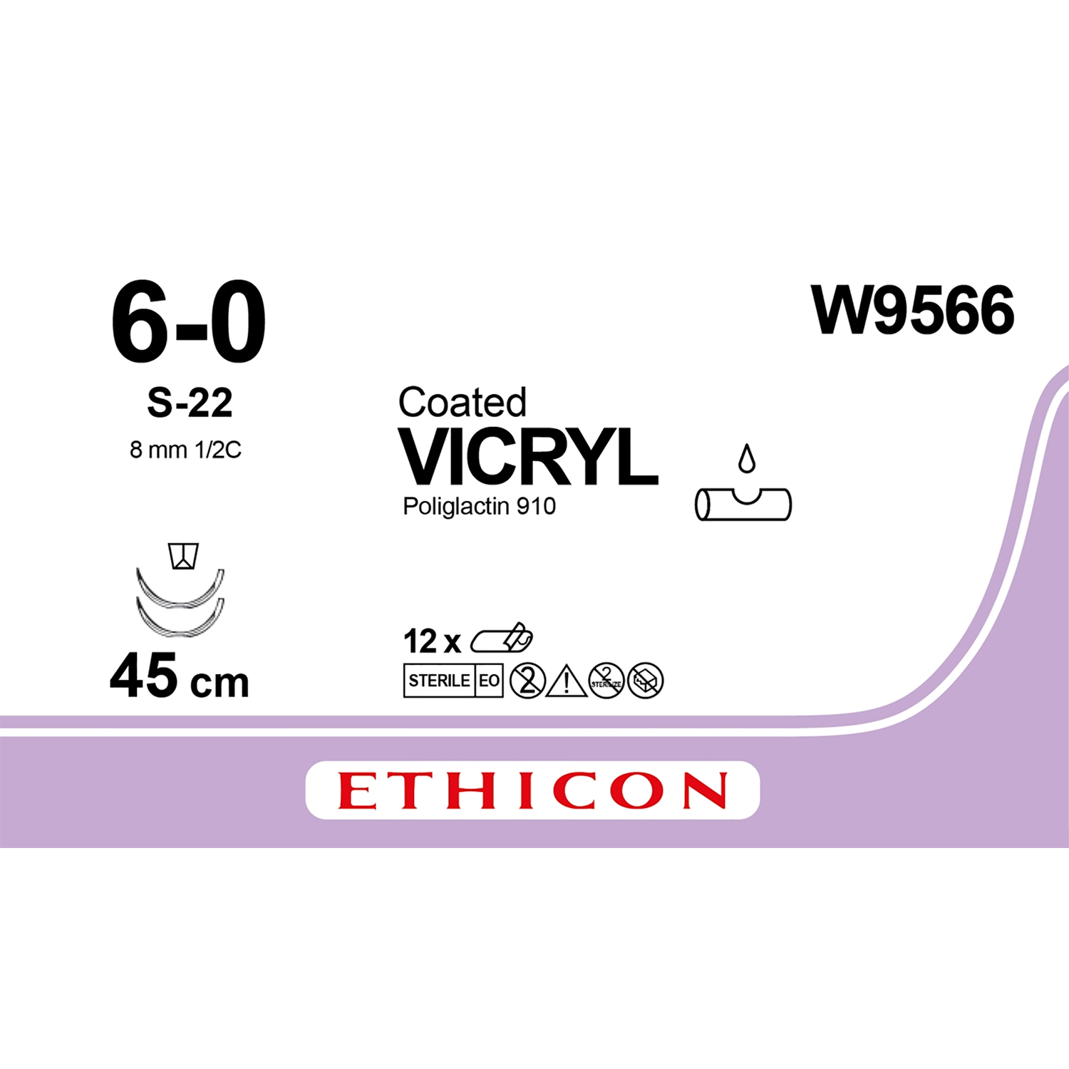 Ethicon Coated Vicryl Suture | Absorbable | Violet | Size: 6-0 | Length: 45cm | Needle: S-22 | Pack of 12