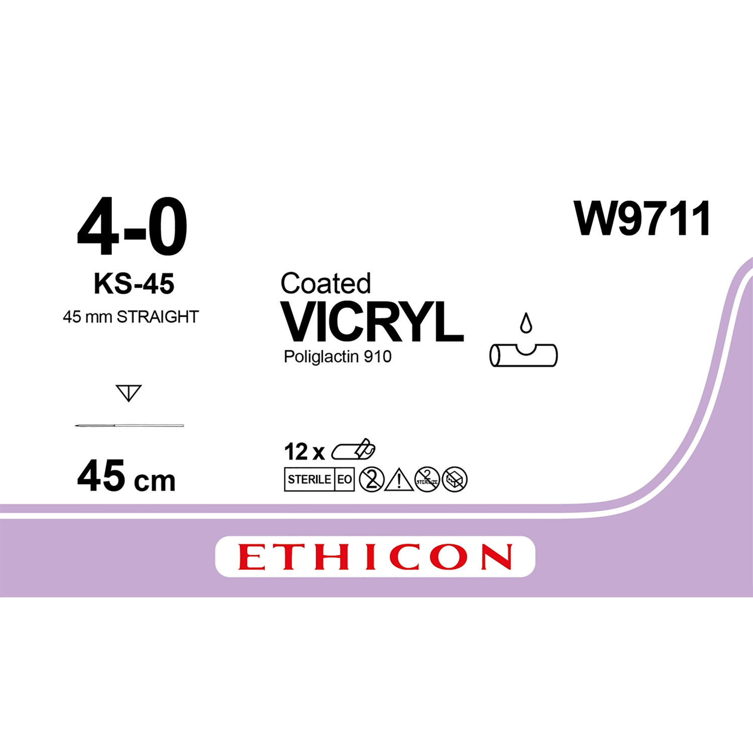 Ethicon Coated Vicryl Suture | Absorbable | Undyed | Size: 4-0 | Length: 45 | Needle: KS-45 | Pack of 12