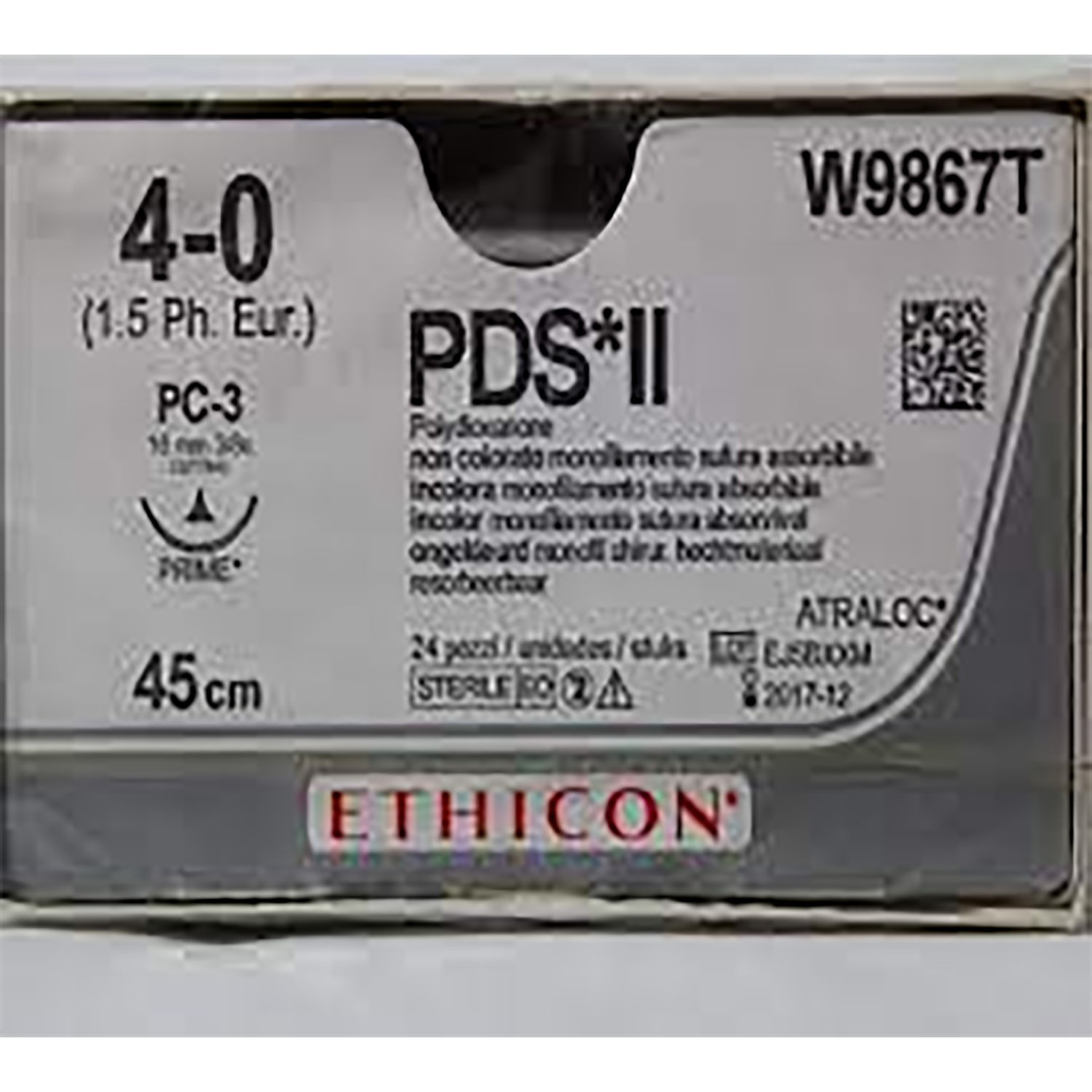 Ethicon PDS ll Sutures | Absorbable | Undyed | Size: 4-0 | Length: 45cm | Needle: PC-3 | Pack of 24