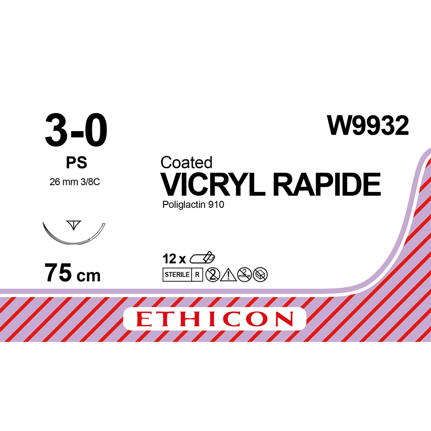 Ethicon Vicryl Rapide Suture | Absorbable | Undyed | Size: 3-0 | Length: 75cm | Needle: PS | Pack of 12