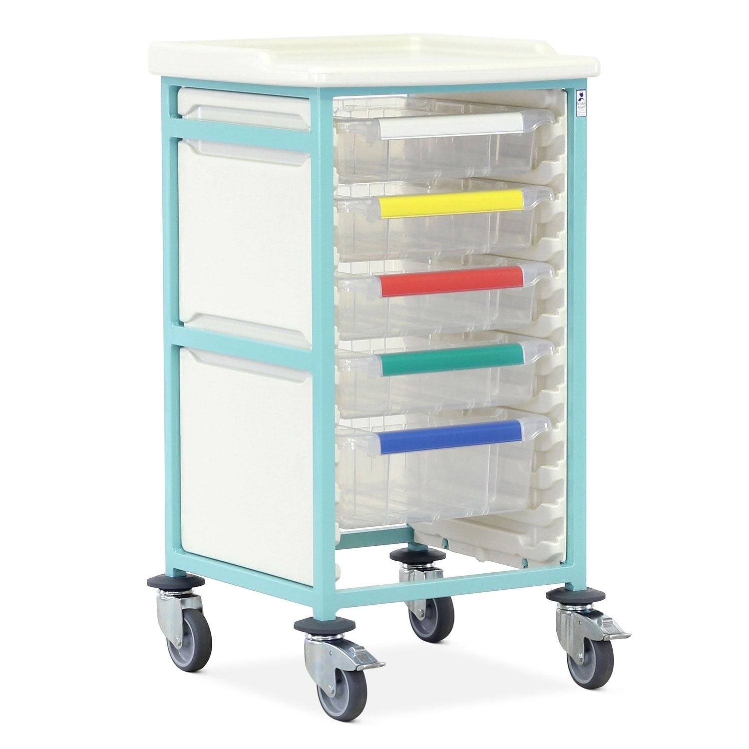 Caretray Trolley | High Single Column | 4 Small Trays, 1 Large Tray