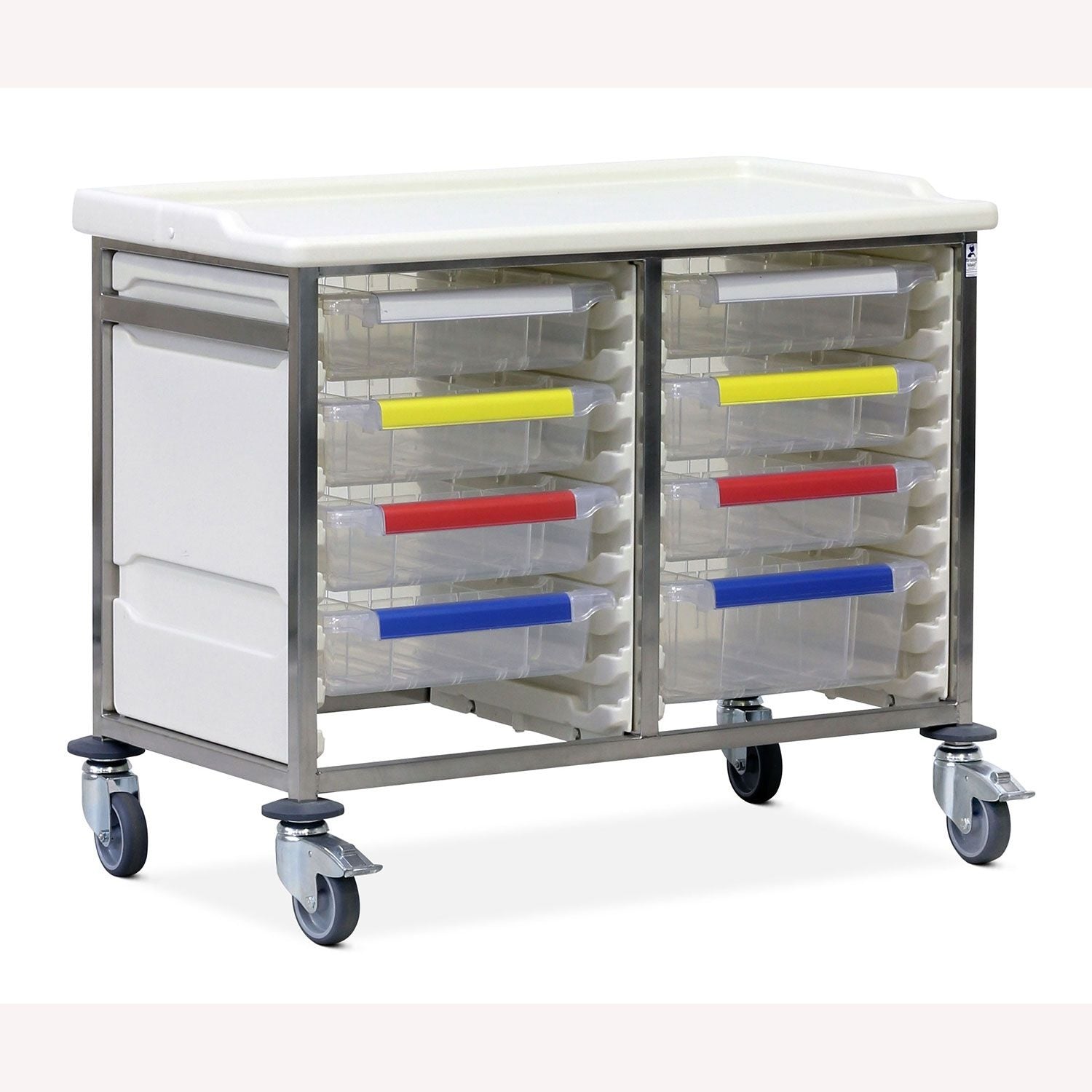 Caretray Trolley | Low Double Column | 7 Small & 1 Large Trays, Easy Clean