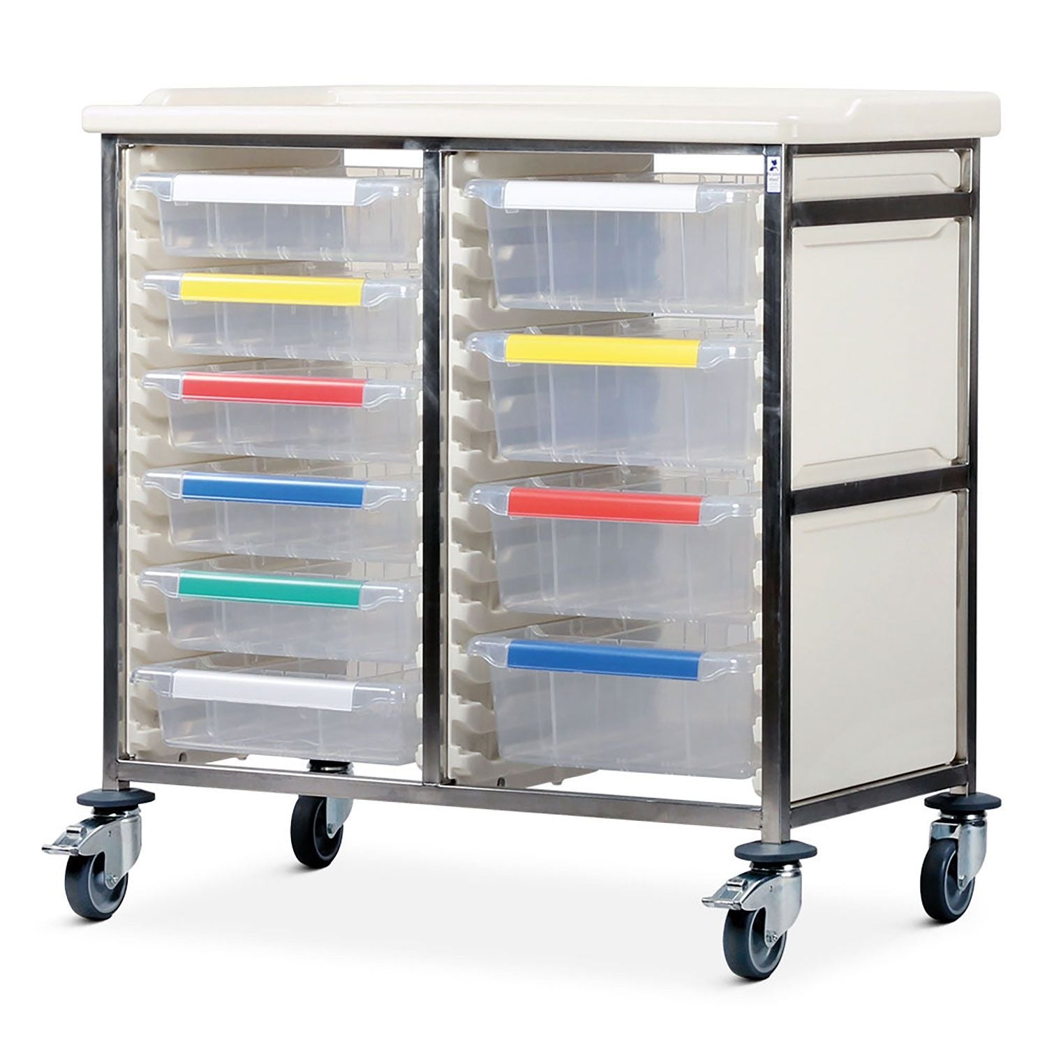 Caretray Trolley | High Double Column | 6 Small & 4 Large Trays, Easy Clean