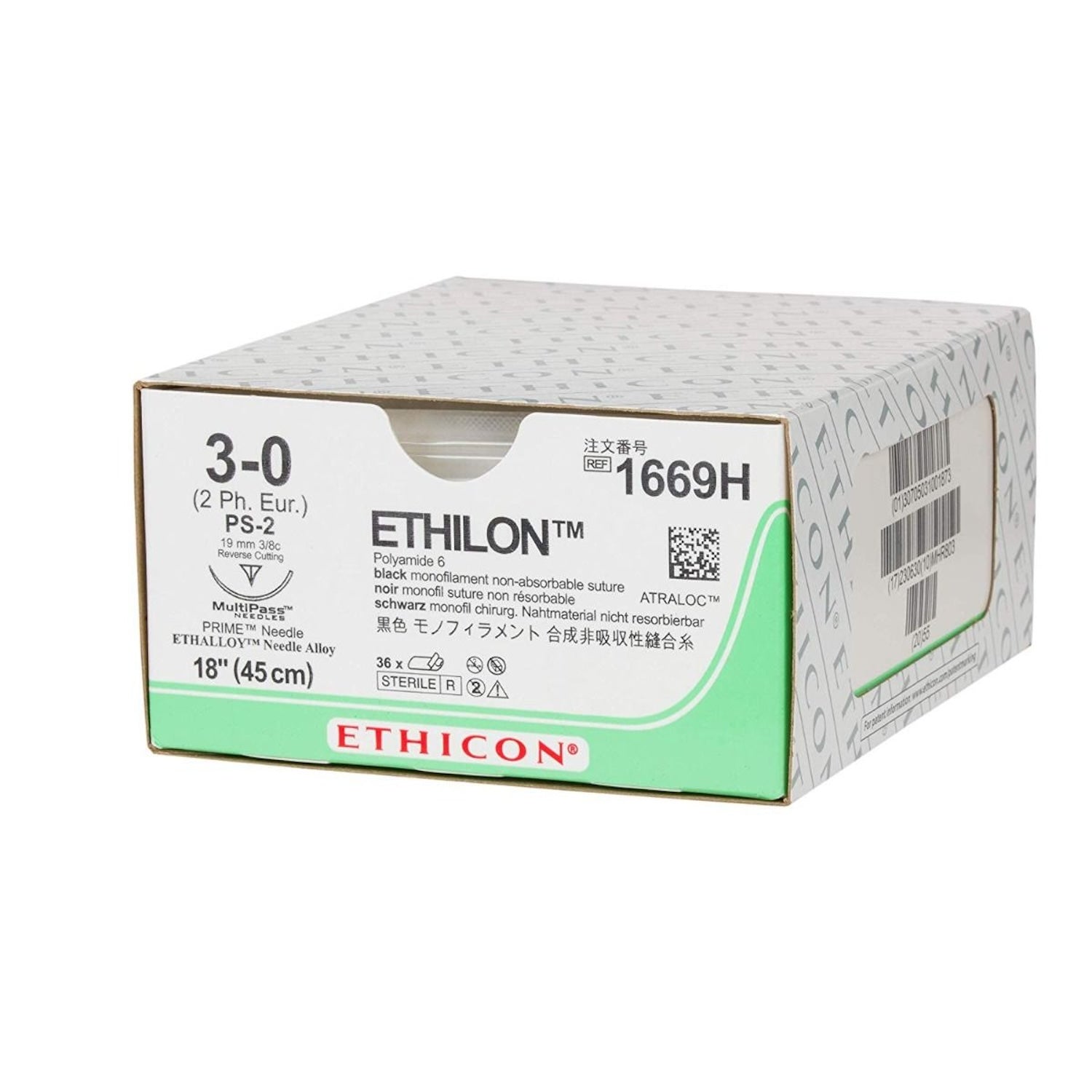 Ethicon Ethilon Polyamide 6 Suture | Black | Size: 3-0 | Length: 75cm | Reverse Cutting 3/8C | Needle: PS | Pack of 36 (1)
