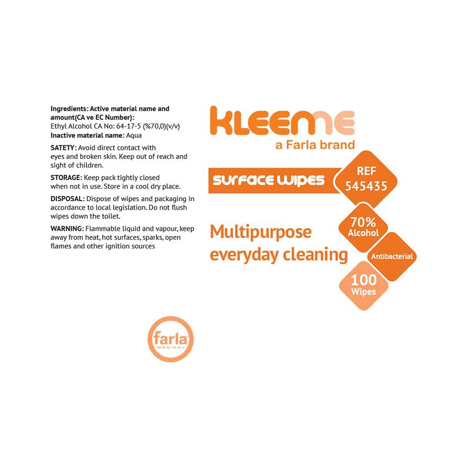 KleenMe | Surface Disinfection Wipes | 70% Alcohol | Tub of 100 (9)