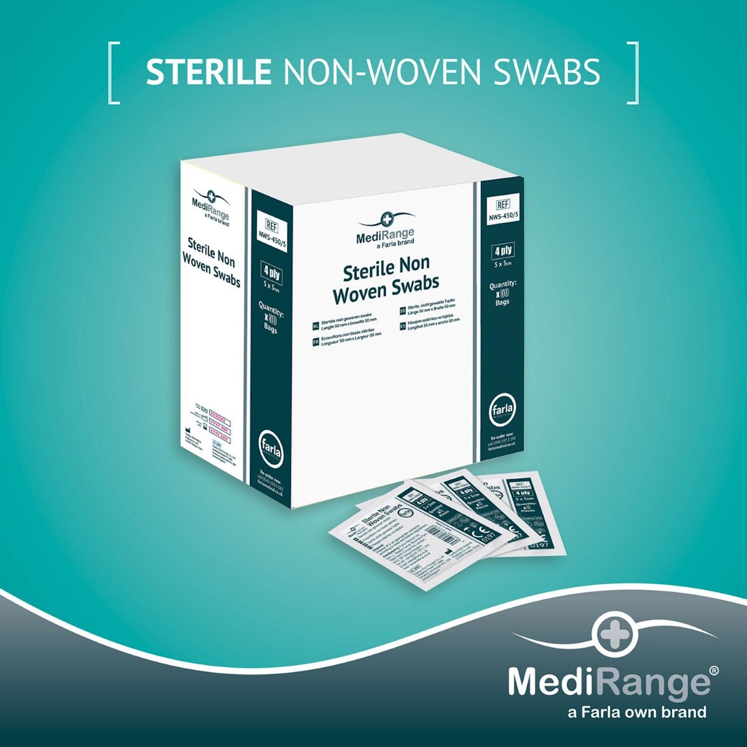 MediRange Non-Woven Swabs | Sterile | 5 x 5cm | 4 Ply | Pack of 5 x 50