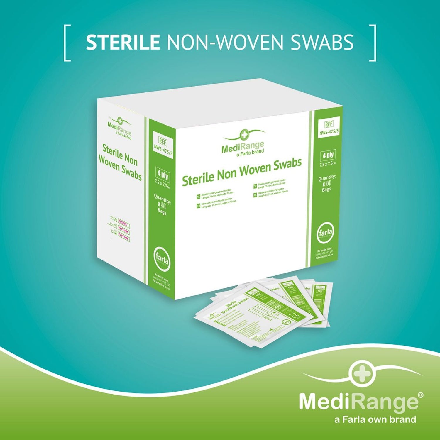 MediRange Non-Woven Swabs | Sterile | 7.5 x 7.5cm | 4 Ply | Pack of 5 x 50