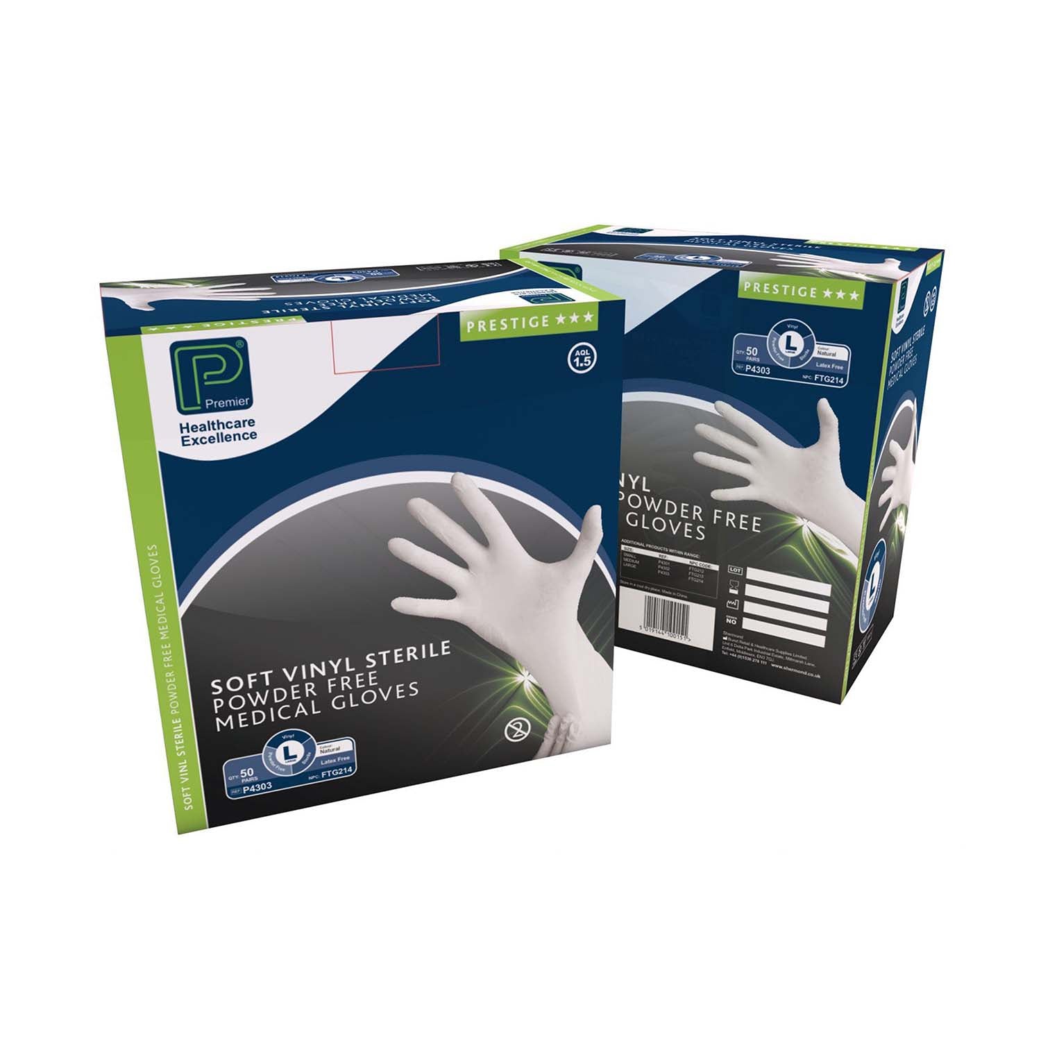 Premier Soft Vinyl Powder Free Gloves | Sterile | Latex Free | Large | Pack of 50 Pairs