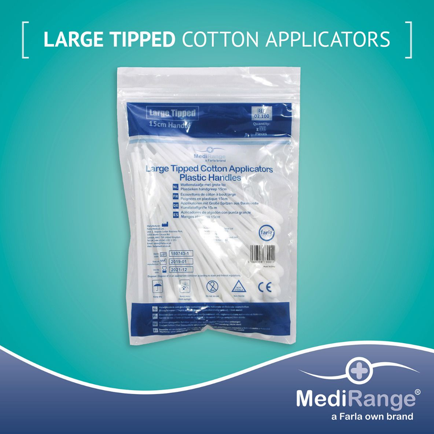 MediRange Cotton Swab Applicators | Large Tipped | 15cm | Pack of 50 (2)
