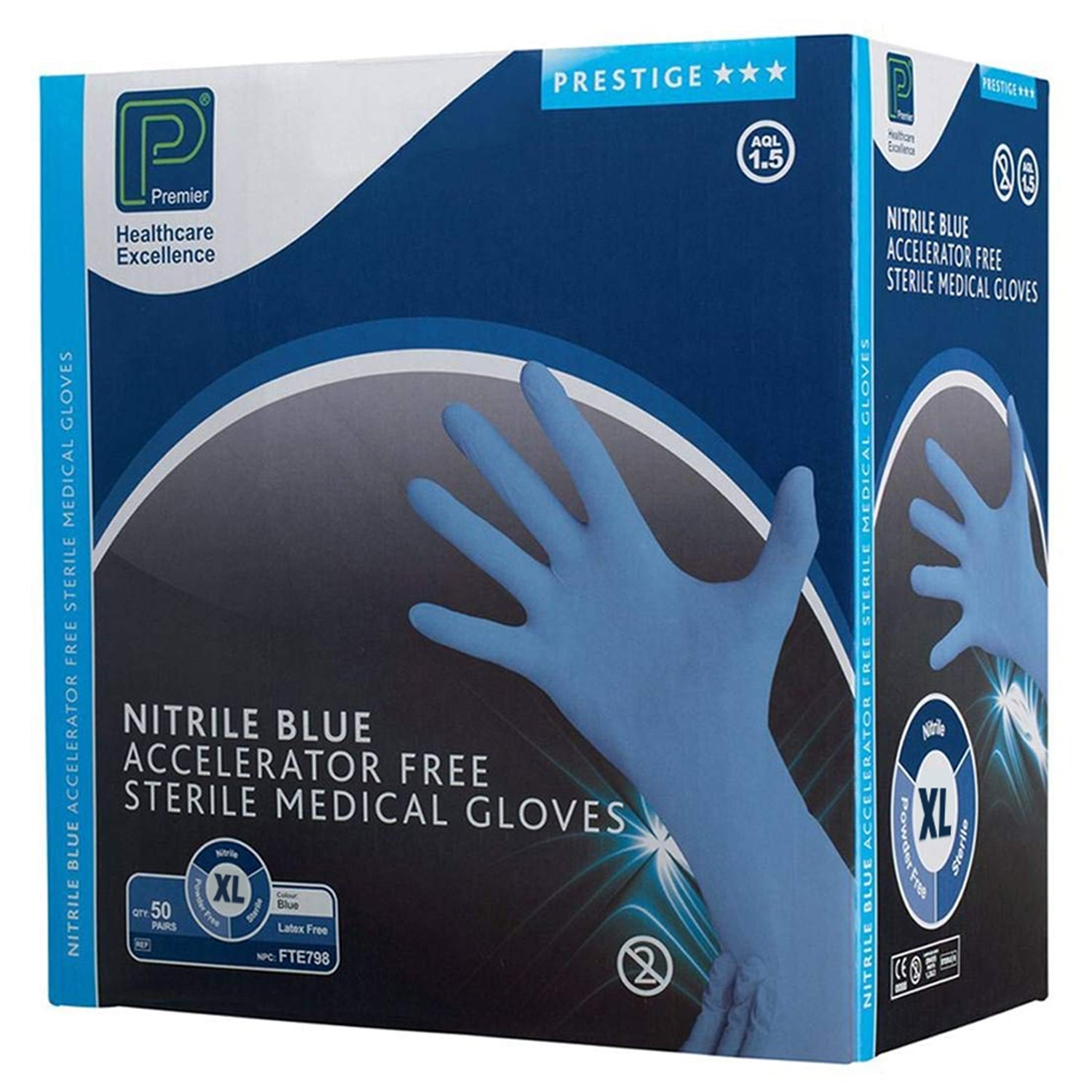 Premier AF Nitrile Examination Gloves | Sterile | Latex Free | XLarge | Pack of 50 Pairs (6)
