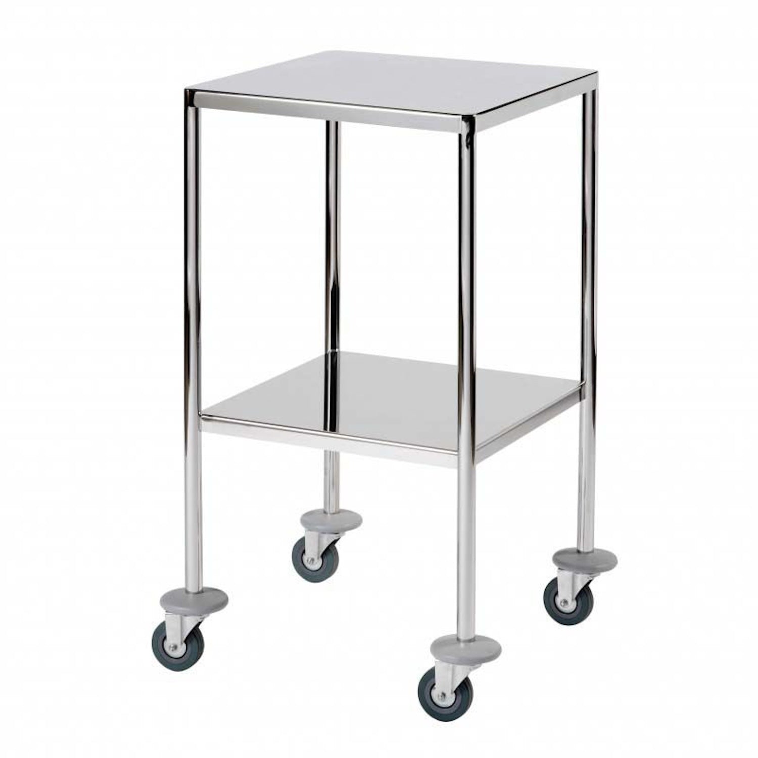 Small 45cm Wide Mirror Polished Stainless Steel Surgical Trolley - 2 Fully Welded Fixed Shelves (Flange Down)