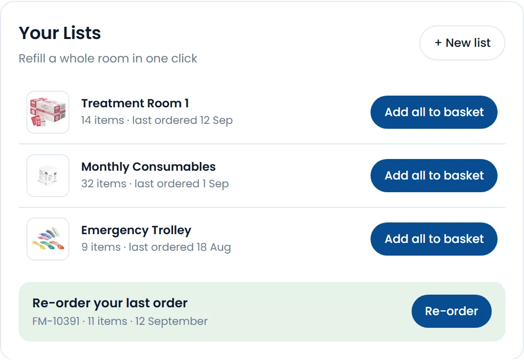 Saved lists with one-click add to basket